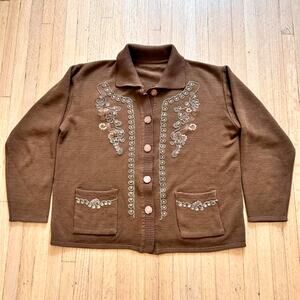 Brown Vintage Boho Cardigan Sweater Beaded Knit embroidery Women Sz Large